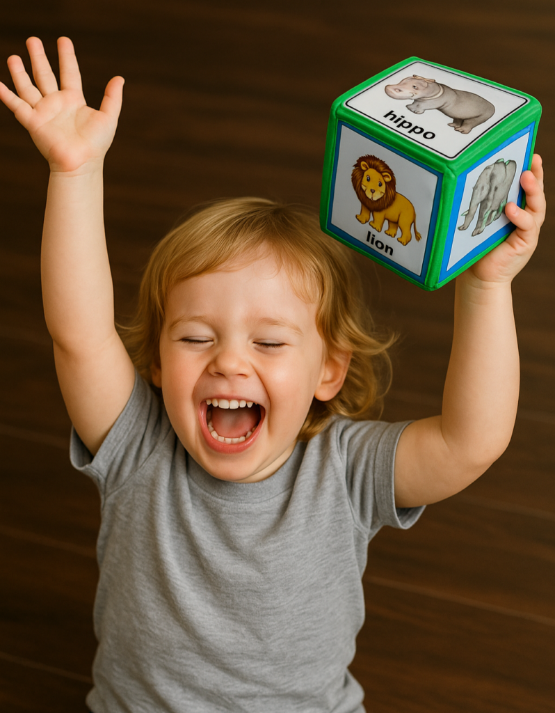 Child learning through play using foam pocket dice and printable flashcards