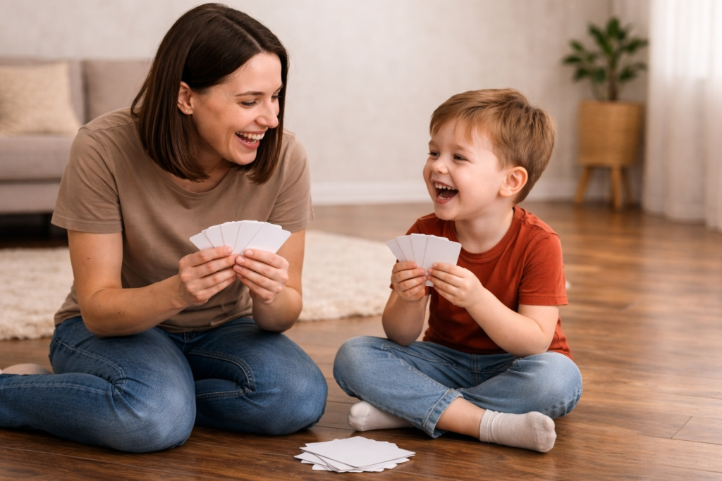 Parent and child playing with picture flashcards at home